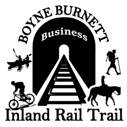 bbirt logo for business is black and white, and includes a representation of a tunnel surrounded by a cyclist, horse rider, hiker and canoeists with the words Boyne Burnett Inland Rail Trail and "Business"