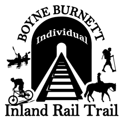 bbirt logo for individual is black and white, and includes a representation of a tunnel surrounded by a cyclist, horse rider, hiker and canoeists with the words Boyne Burnett Inland Rail Trail and "Individual"