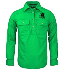 green long sleeved shirt closed front with BBIRT logo