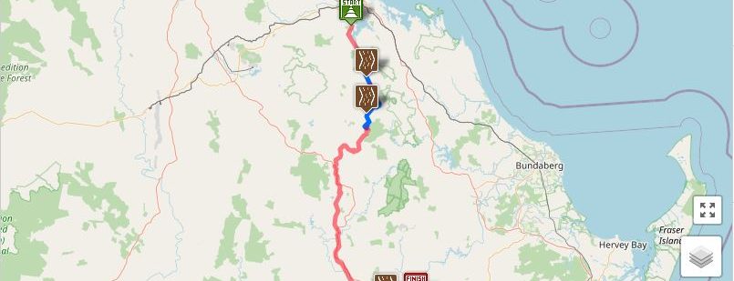 This map shows the entire Boyne Burnett Inland Rail Trail and which sections are open